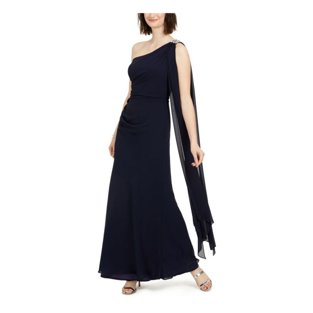 VINCE CAMUTO Womens Navy One-shoulder Chiffon Maxi Formal Dress Petites 12P